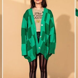 ‼️ISO‼️ Dressed in LALA Green & Pink Checkerboard Oversized Cardigan